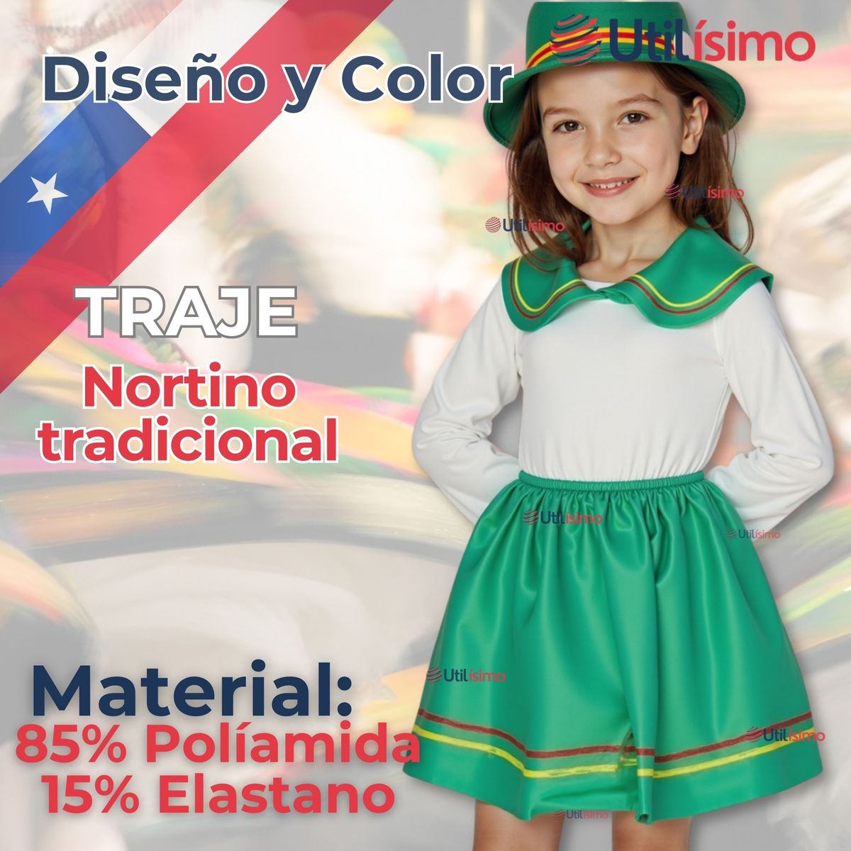 UTILISIMO - Pack 6 Traje Nortino Verde 4 Piezas Niña Fiestas Patrias