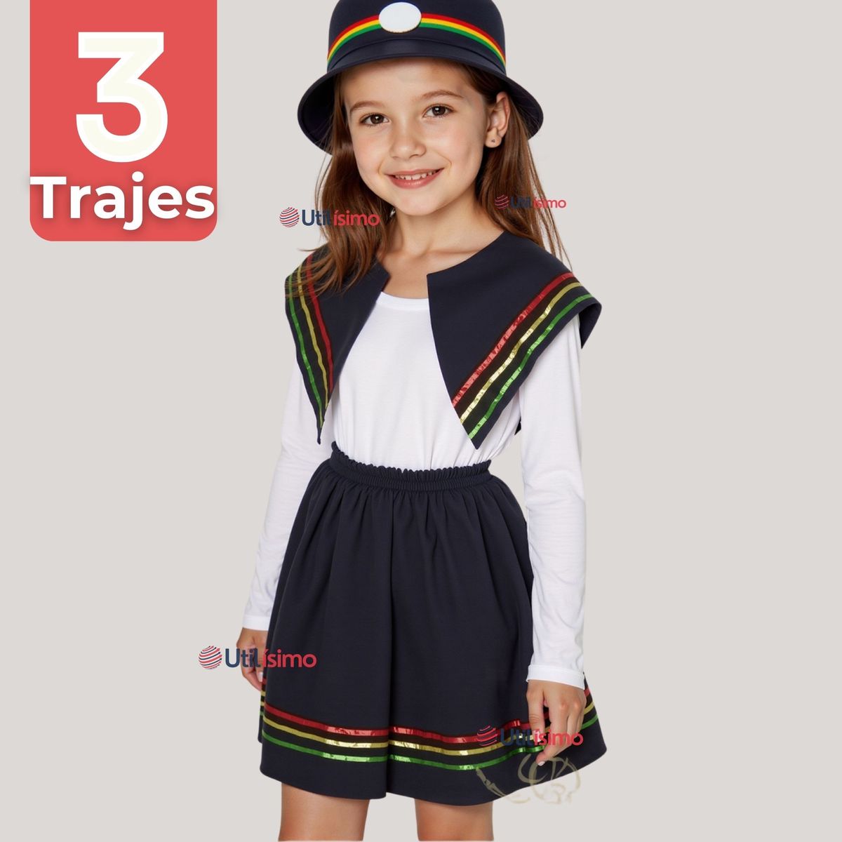 UTILISIMO - Pack 3 Traje Nortino Negro 4 Piezas Niña Fiestas Patrias