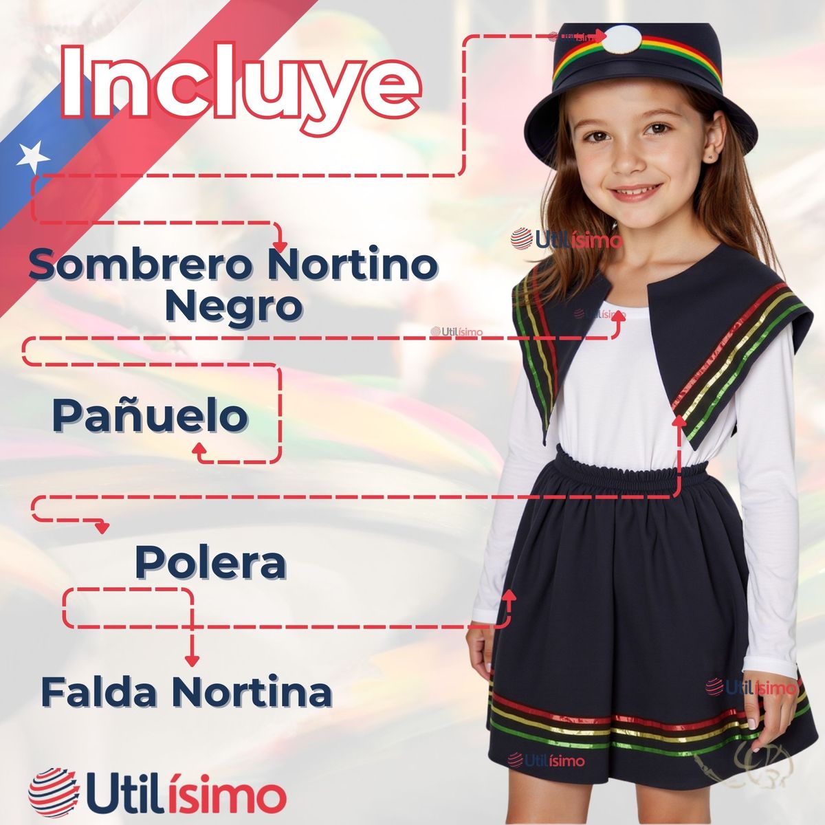UTILISIMO - Pack 3 Traje Nortino Negro 4 Piezas Niña Fiestas Patrias