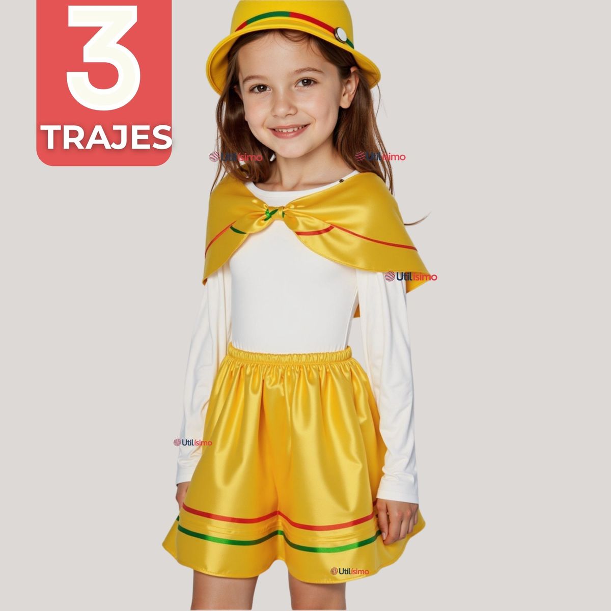 UTILISIMO - Pack 3 Traje Nortino Amarillo 3 Piezas Niña Fiestas Patrias