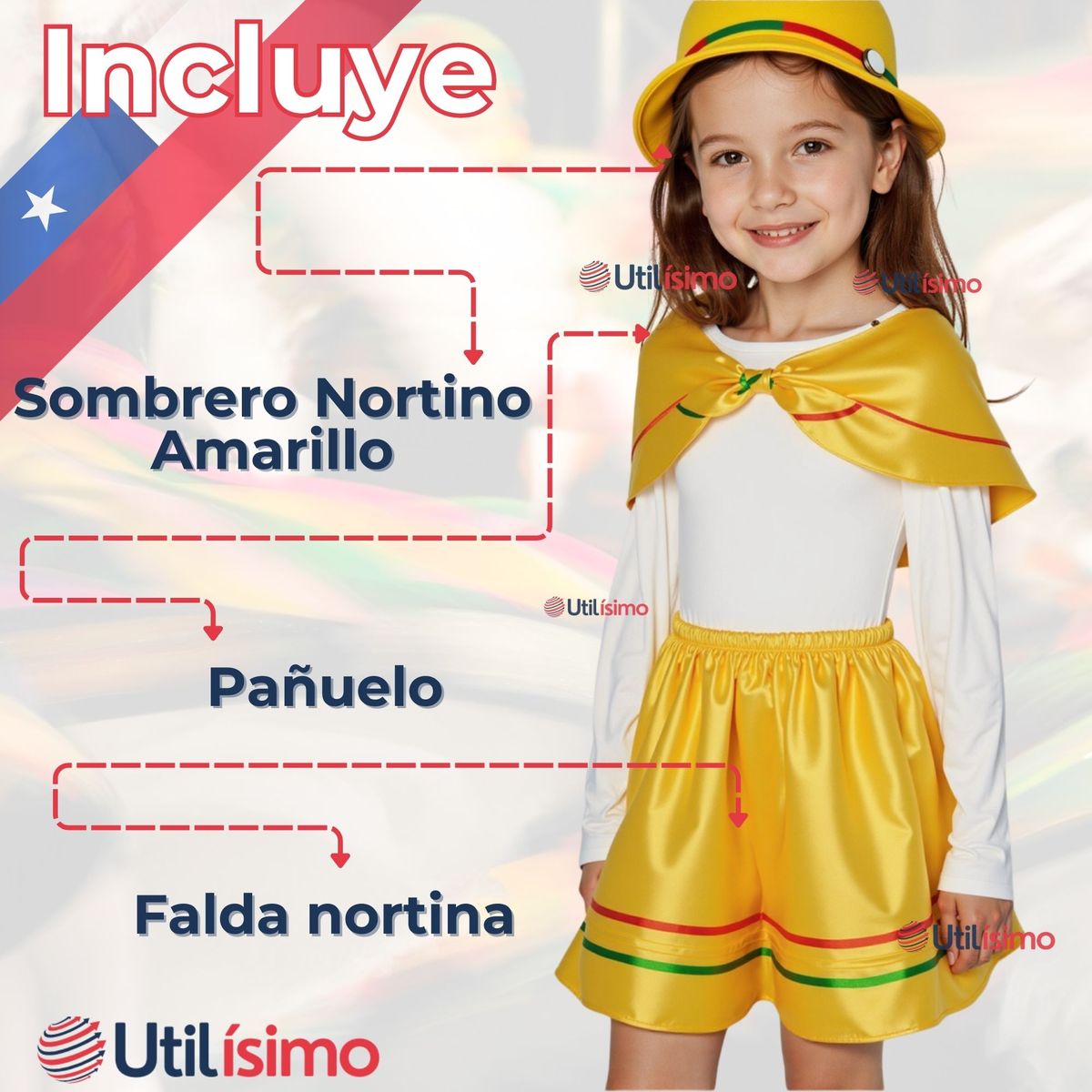 UTILISIMO - Pack 3 Traje Nortino Amarillo 3 Piezas Niña Fiestas Patrias