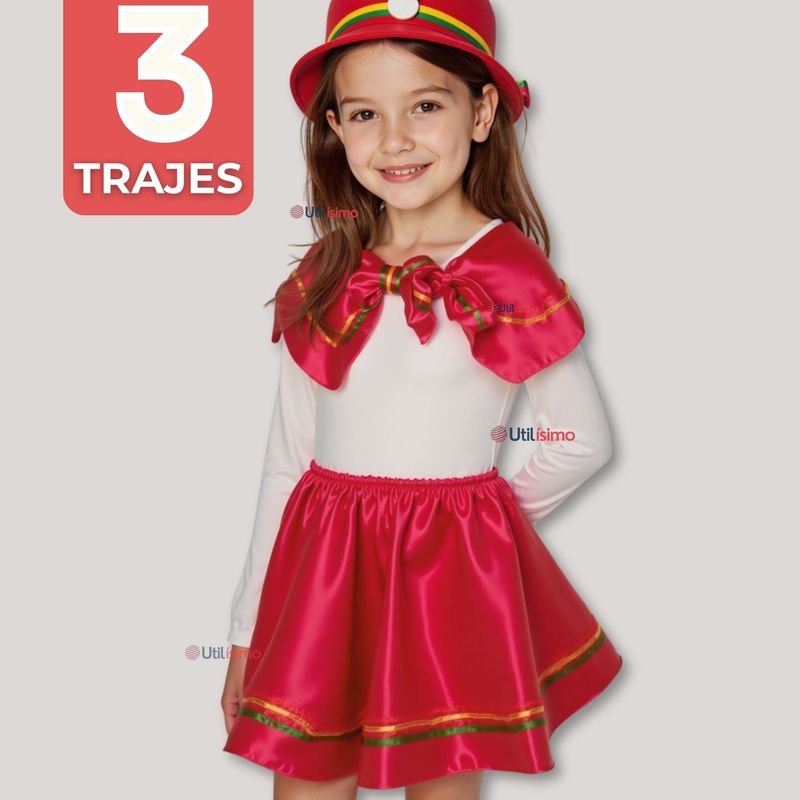 UTILISIMO - Pack 3 Traje Nortino Rojo 3 Piezas Niña Fiestas Patrias Baile Nortino