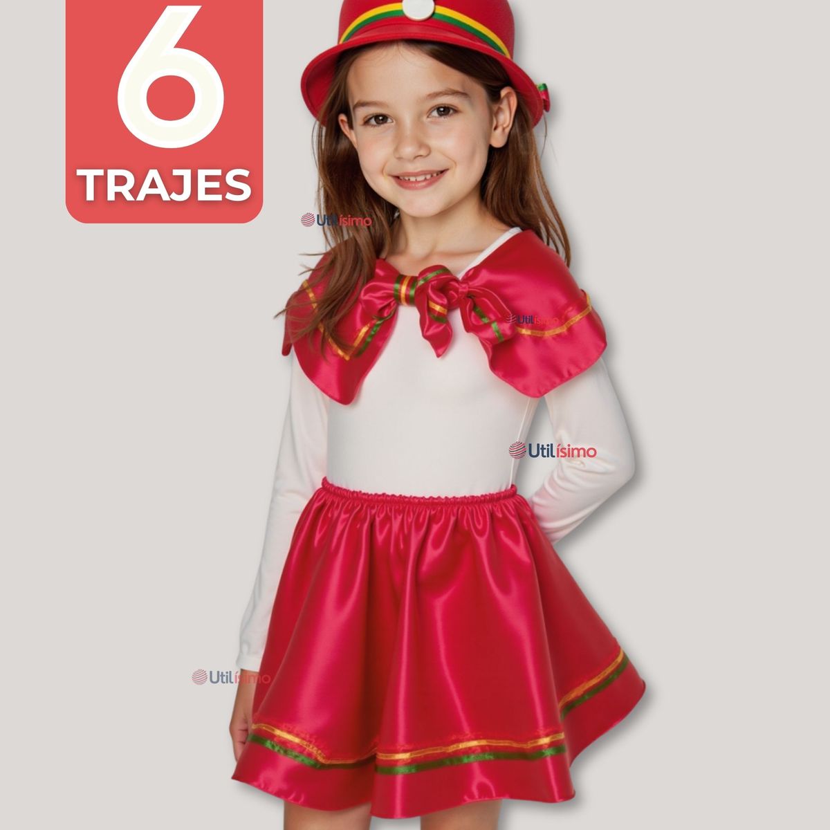 UTILISIMO - Pack 6 Traje Nortino Rojo 3 Piezas Niña Fiestas Patrias Baile Nortino