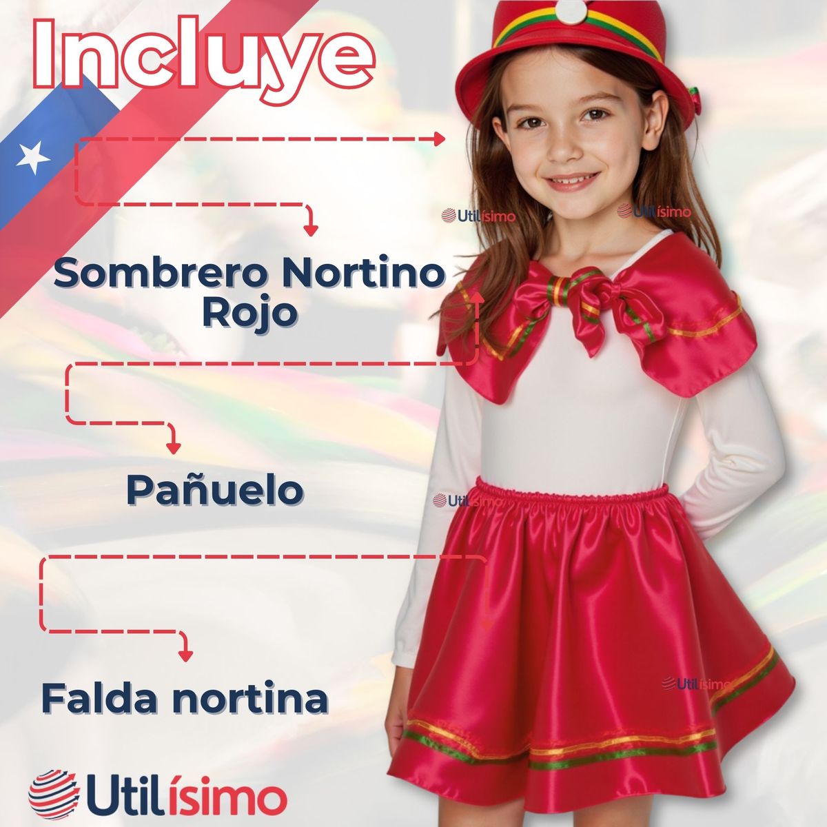 UTILISIMO - Pack 6 Traje Nortino Rojo 3 Piezas Niña Fiestas Patrias Baile Nortino