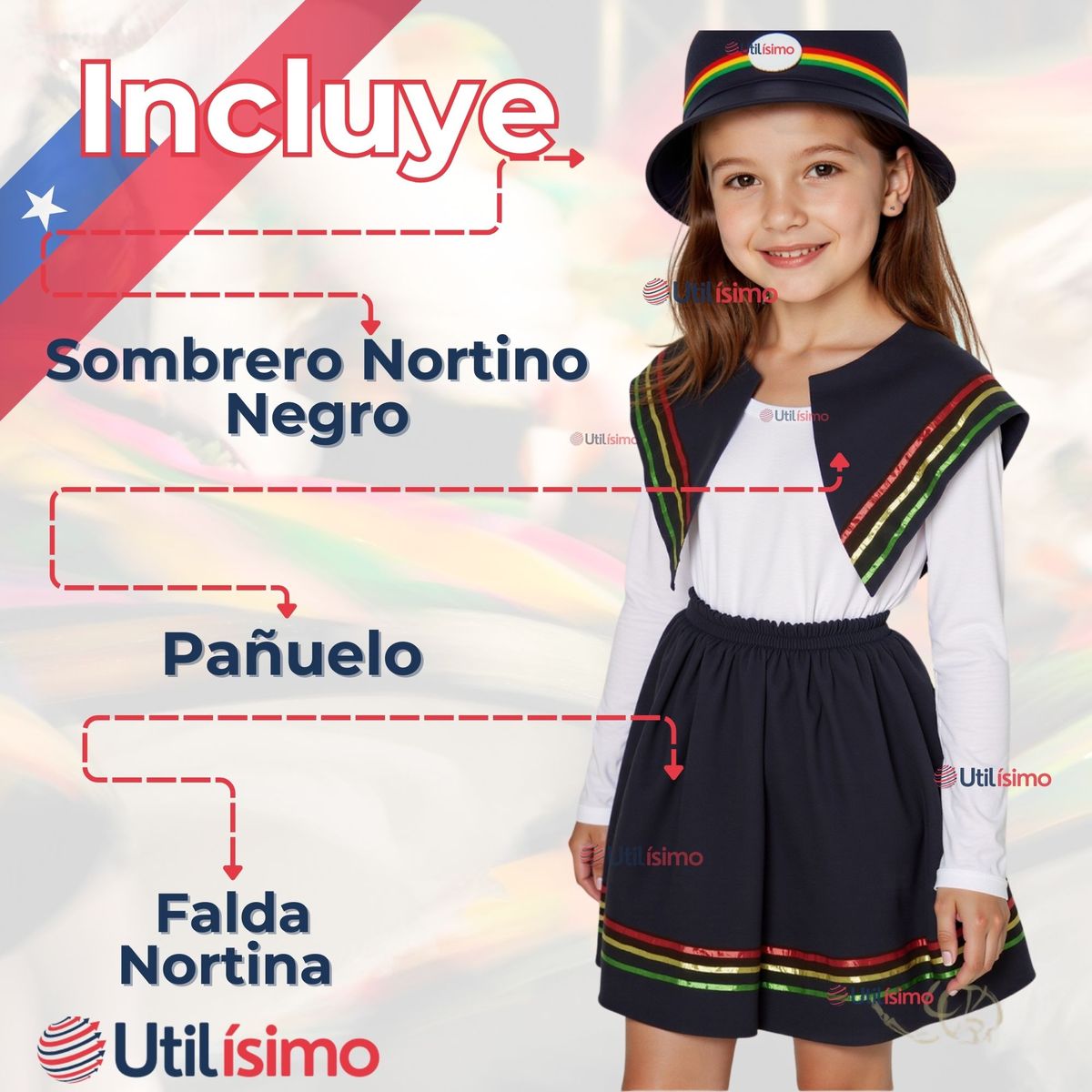 UTILISIMO - Traje Nortino Negro 3 Piezas Niña Fiestas Patrias Baile Nortino