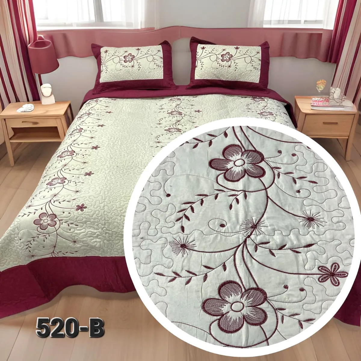GENERICO - Cubrecama Quilt Verano Bordado 1.5 Plazas - Burdeo Crema Flores 520-B