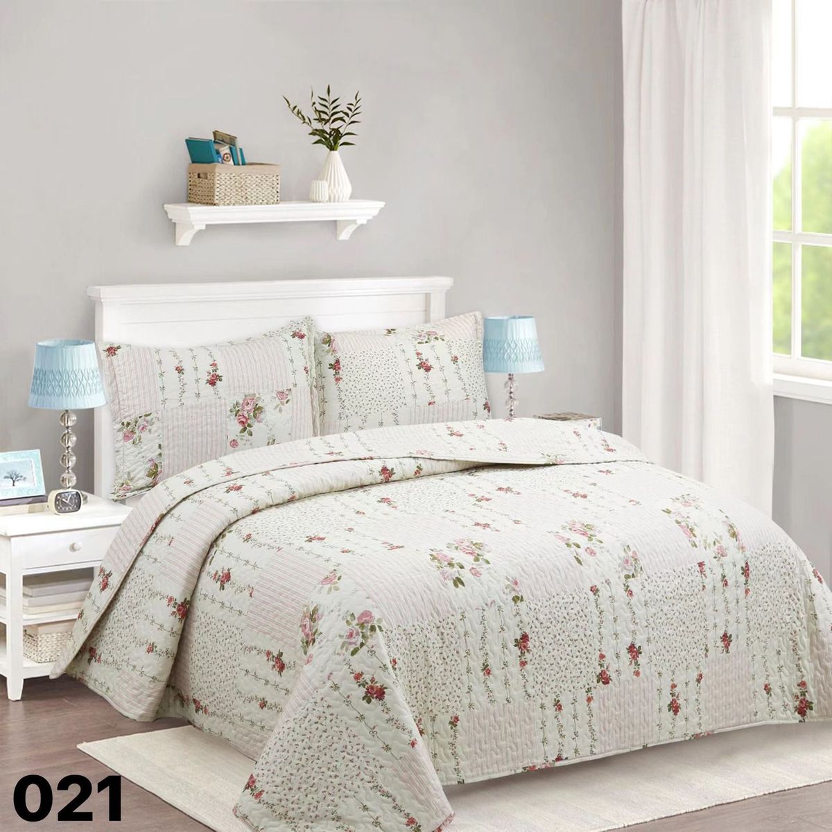GENERICO - Cubrecama Quilt Verano 2 Plazas - Beige Cuadrille Rosas 021