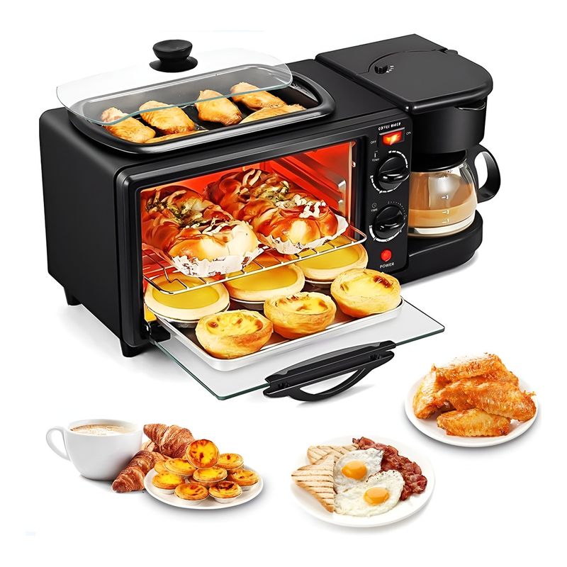 EVERSO - Máquina Para Hacer Desayuno 3 En 1 Horno Cafetera Sarten Negro