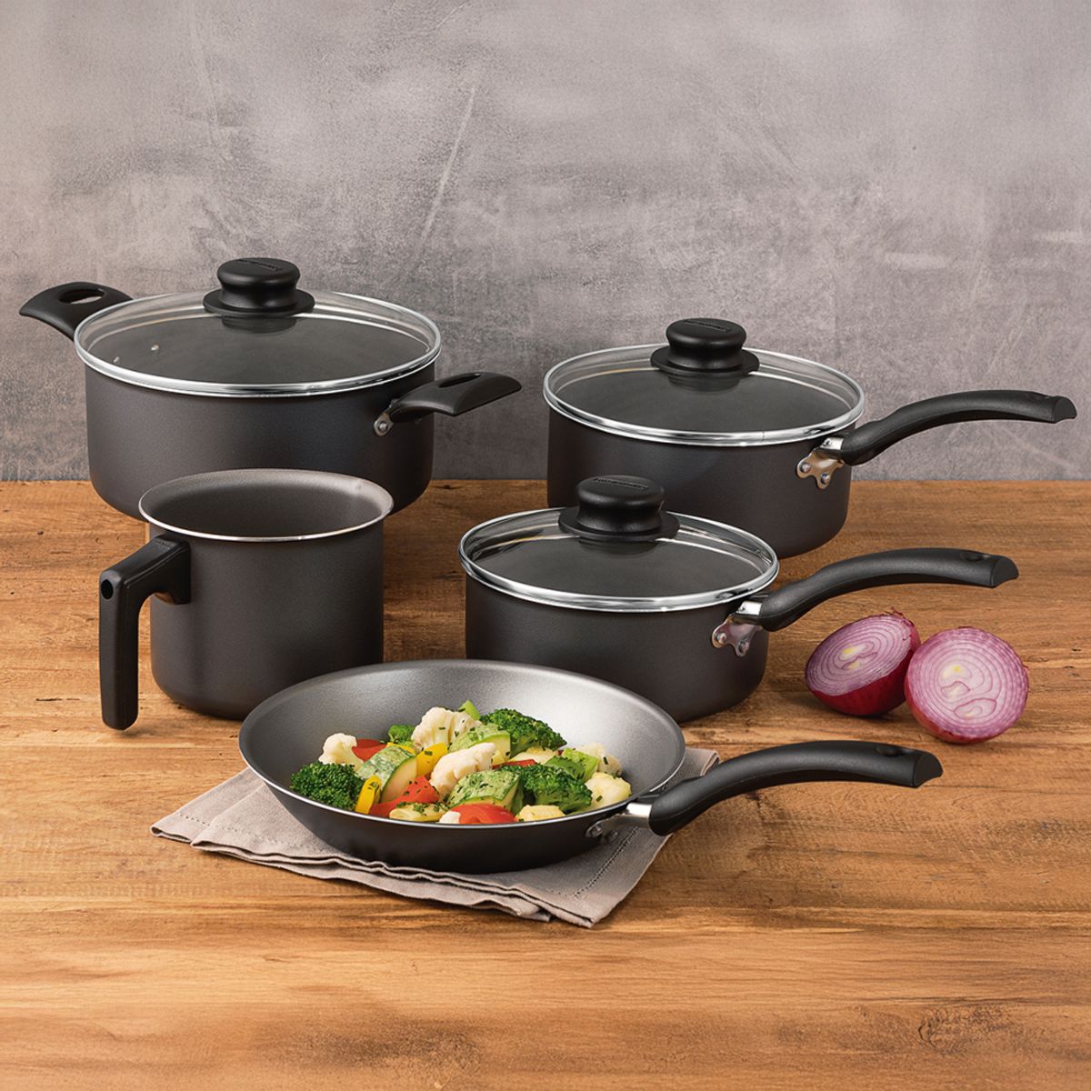 TRAMONTINA - Batería De Cocina Juego Ollas Tramontina Turim 5 Pzas Negro