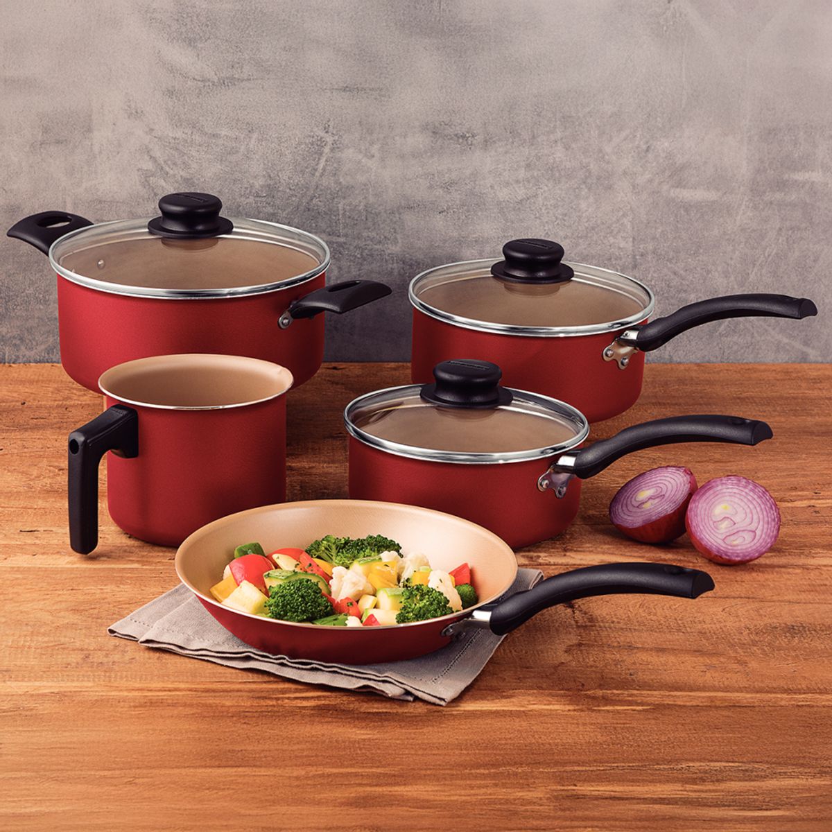 TRAMONTINA - Batería De Cocina Juego Ollas Tramontina Turim 5 Piezas Rojo