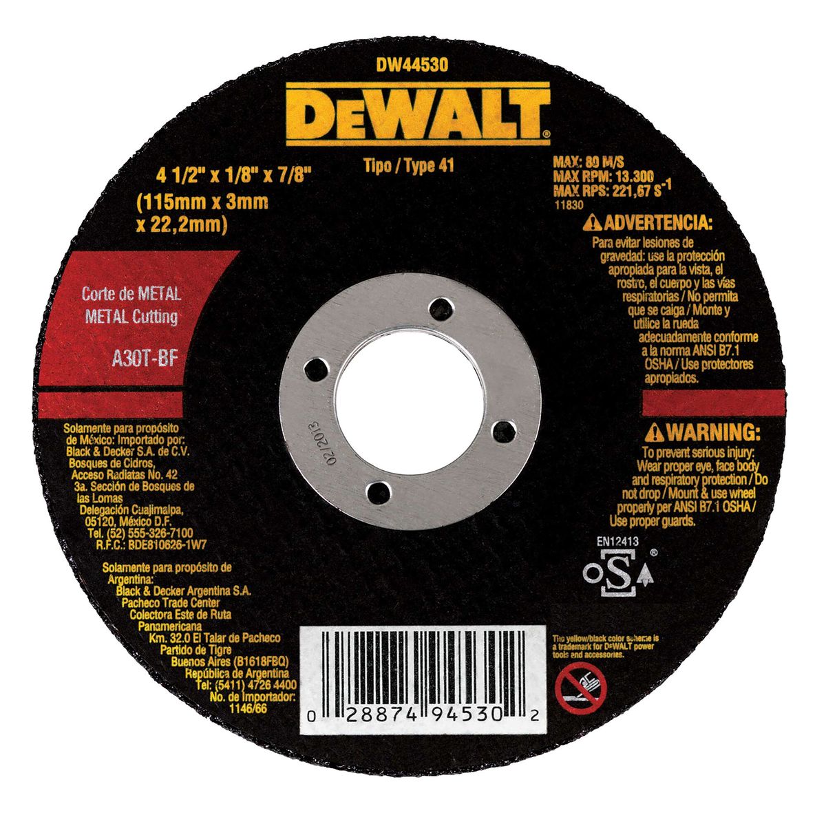 DEWALT - Pack 10 Disco Abrasivo Corte Metal 4-1/2 Dewalt Dw44530 X10 Negro