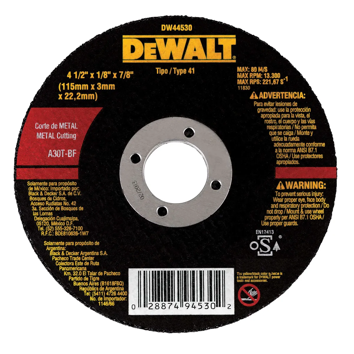 DEWALT - Pack 10 Disco Abrasivo Corte Metal 4-1/2 Dewalt Dw44530 X10 Negro