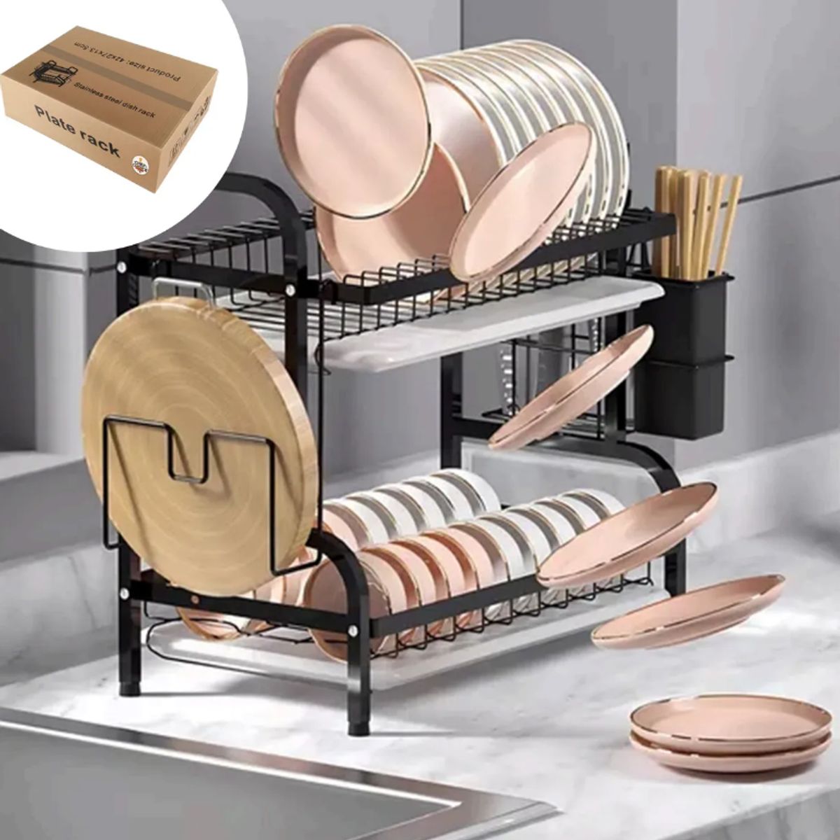 VIDITA - Secador Escurridor De Platos Loza Vajilla 2 Niveles Cocina Color Negro