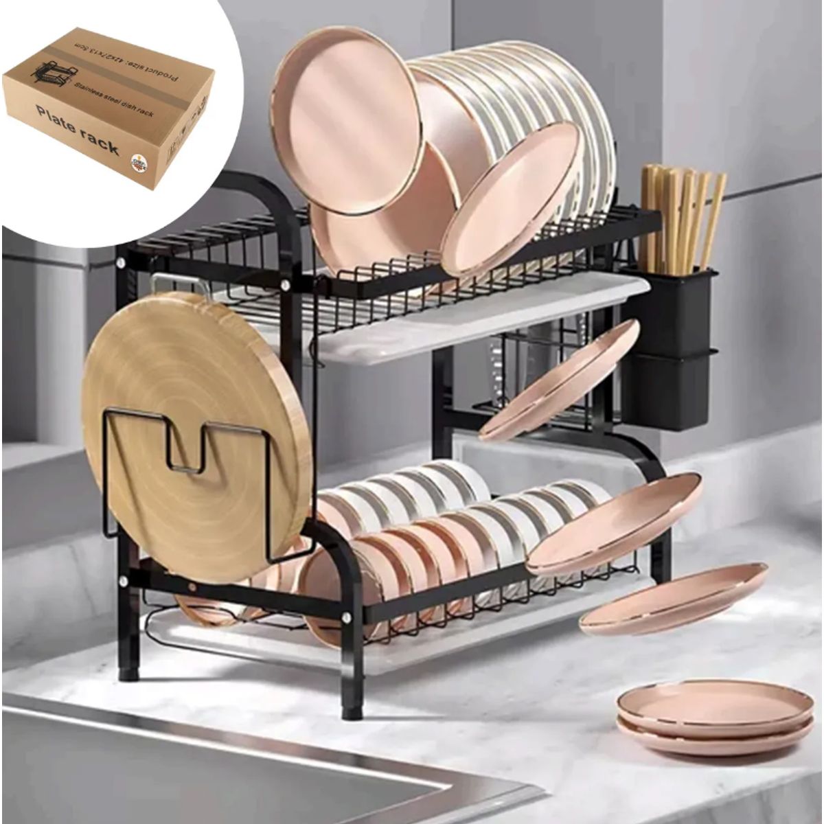 VIDITA - Secador Escurridor De Platos Loza Vajilla 2 Niveles Cocina Color Negro