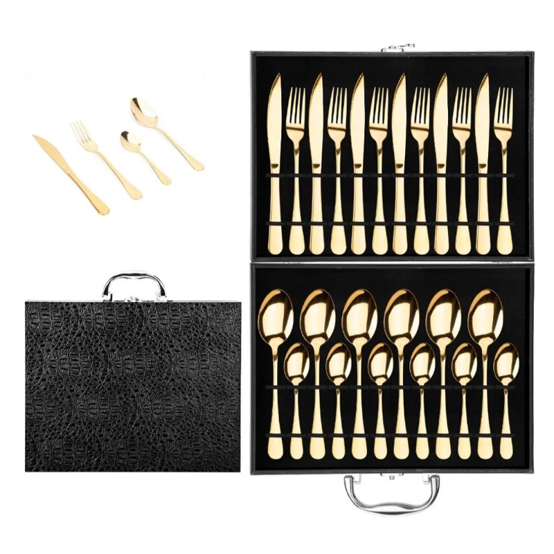 GENERICO - Set 24 Piezas Cuchillería Cubiertos De Lujo Maleta Dorado