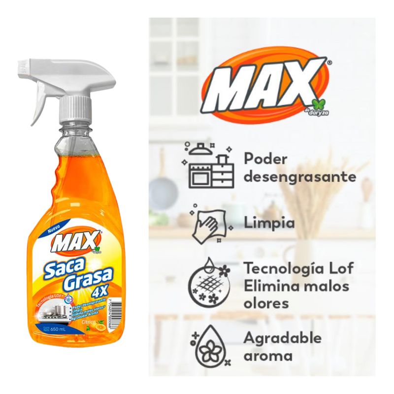 MAX - Saca Grasa Max 650 Ml Limpiador Frasco Gatillo Cítrico