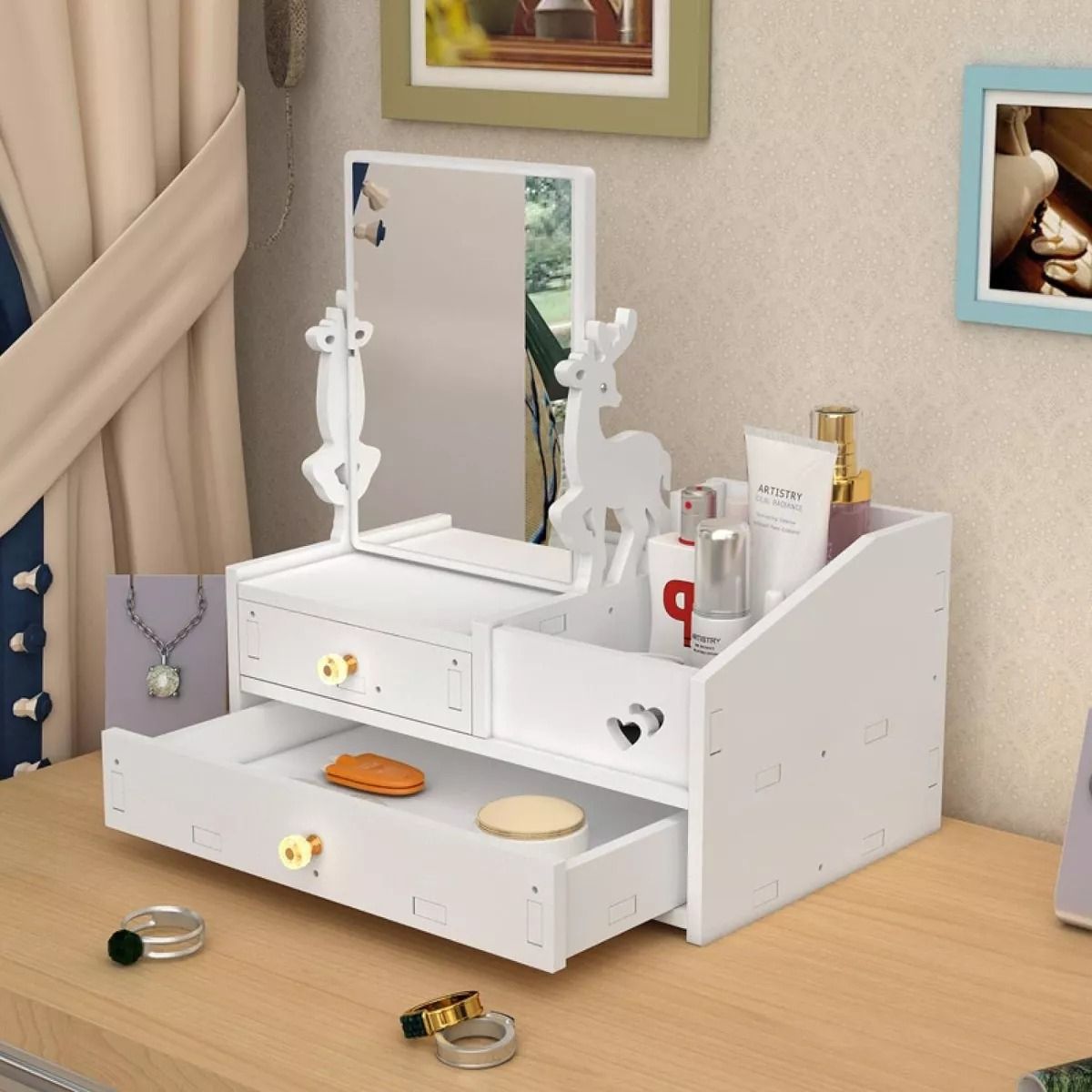 GENERICO - Cajón Con Espejo Y Repisa Organizadora De Joyero Cosméticos