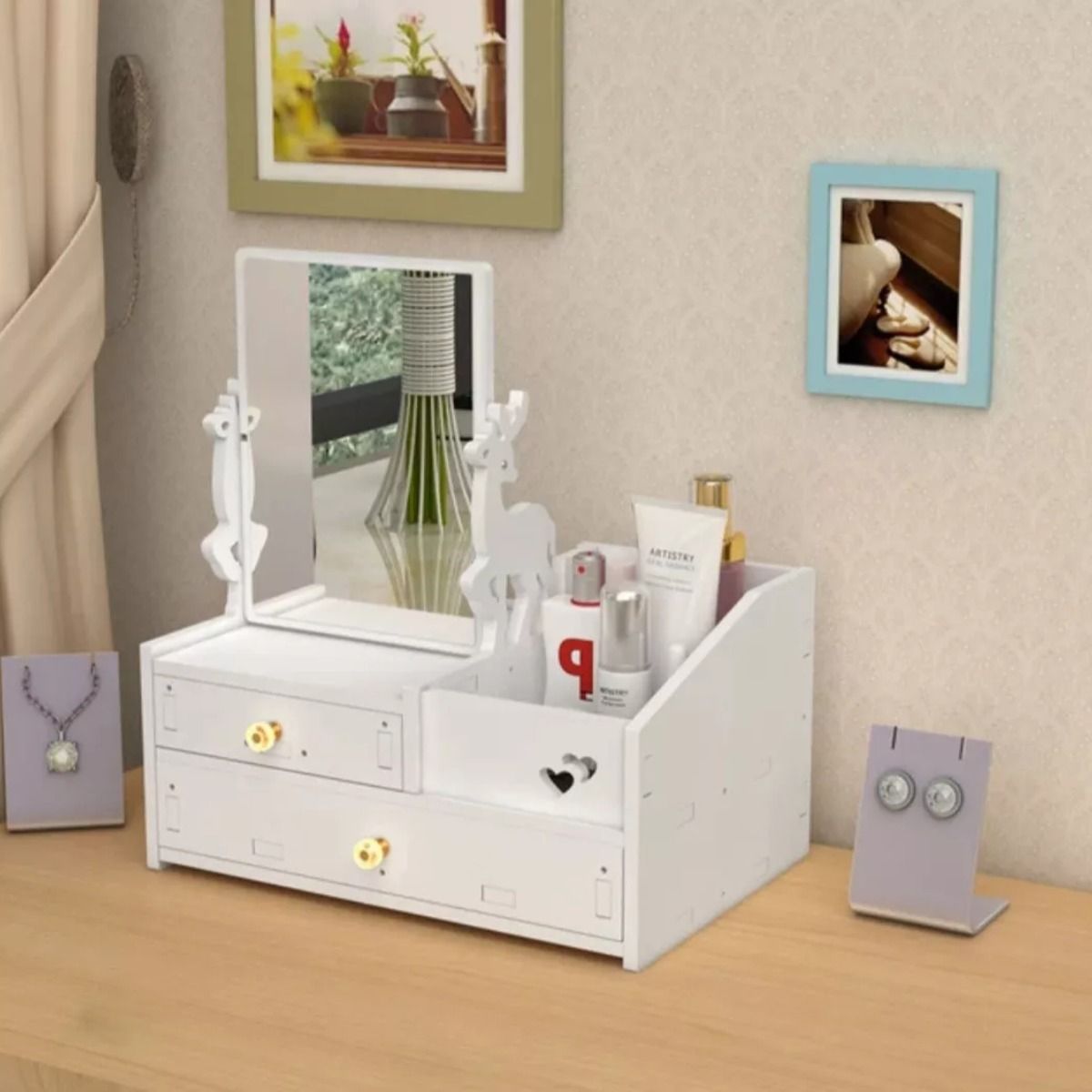 GENERICO - Cajón Con Espejo Y Repisa Organizadora De Joyero Cosméticos