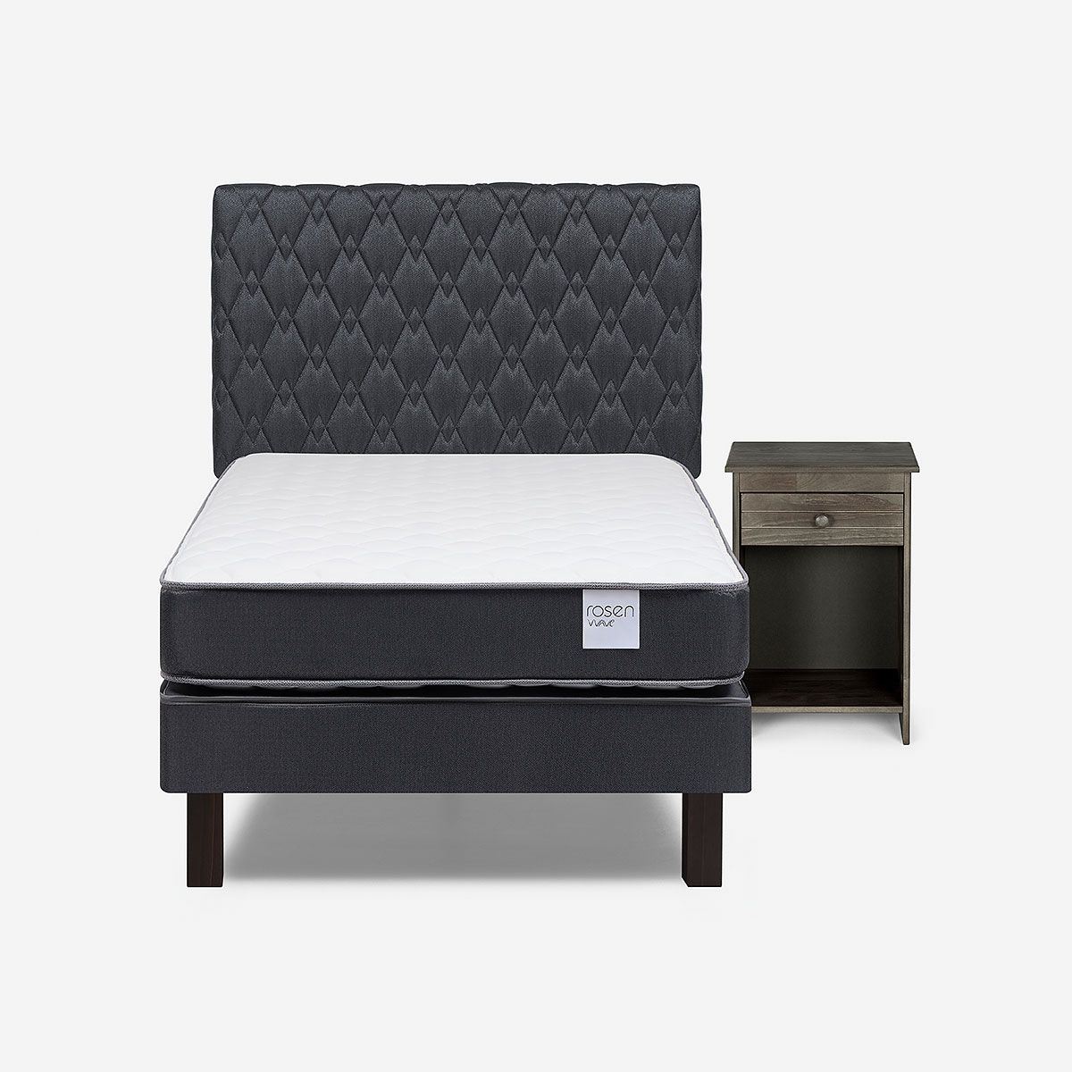 ROSEN - Cama Europea Wave 1 Plaza + Respaldo Ivar Grafito + Velador