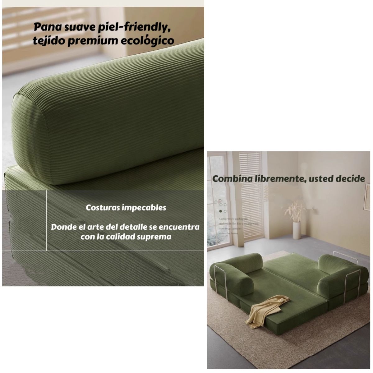 LUBABYCAS - Sillon Sofa Cama Comprimido Combinable 203cm K17 Verde