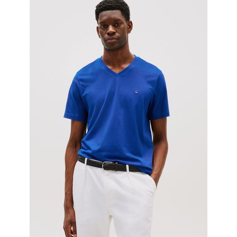 TOMMY HILFIGER - Polera Essential Cotton V-Neck Regular Fit Azul Tommy Hilfiger
