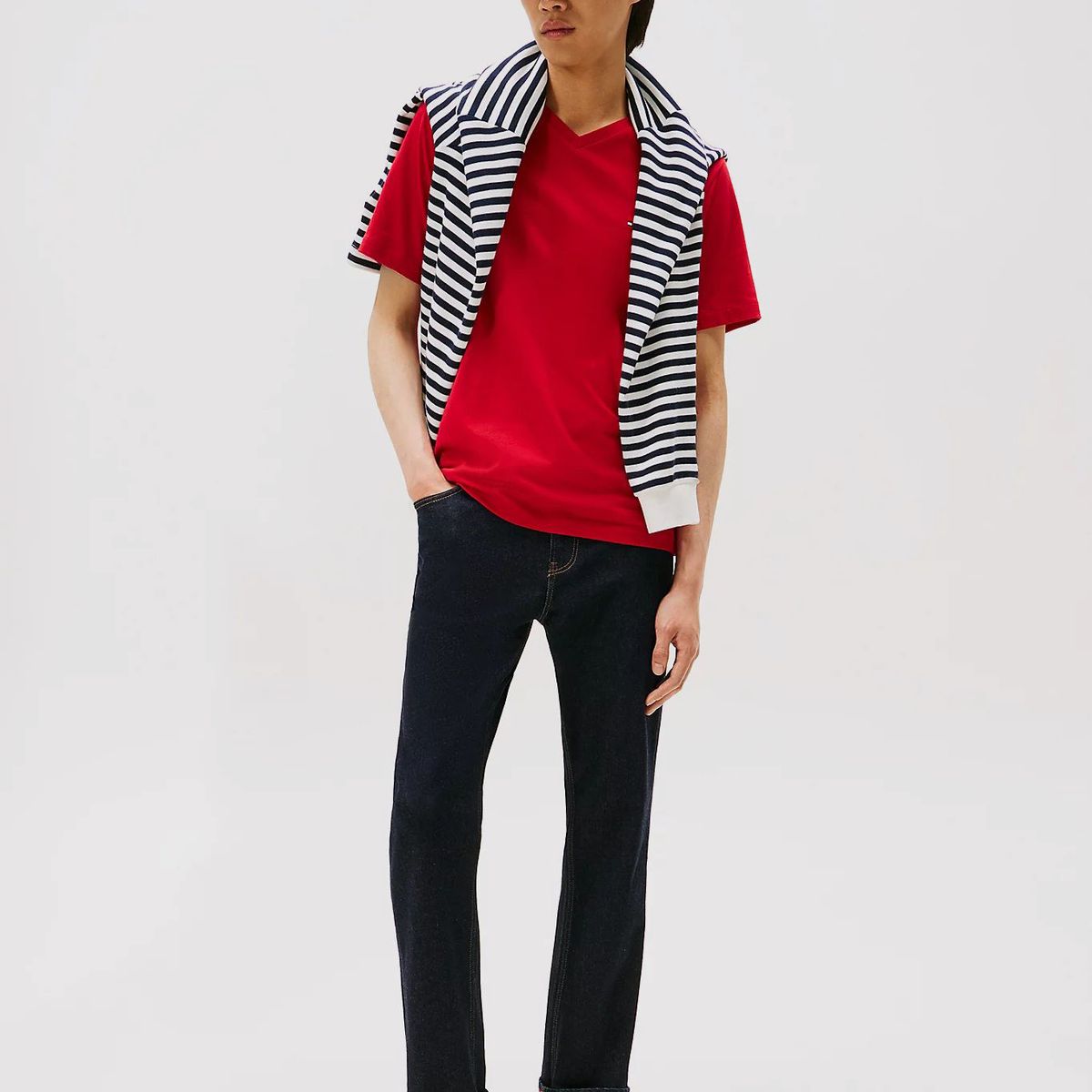 TOMMY HILFIGER - Polera Essential Cotton V-Neck Regular Fit Rojo Tommy Hilfiger