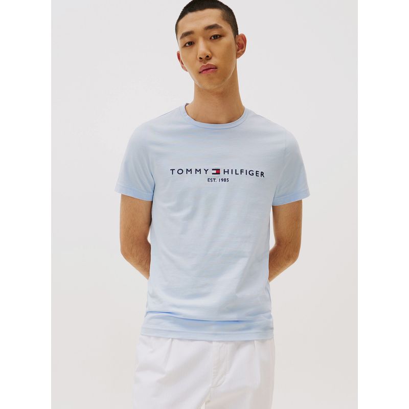 TOMMY HILFIGER - Polera Organic Cotton Con Logo Slim Fit Celeste Tommy Hilfiger