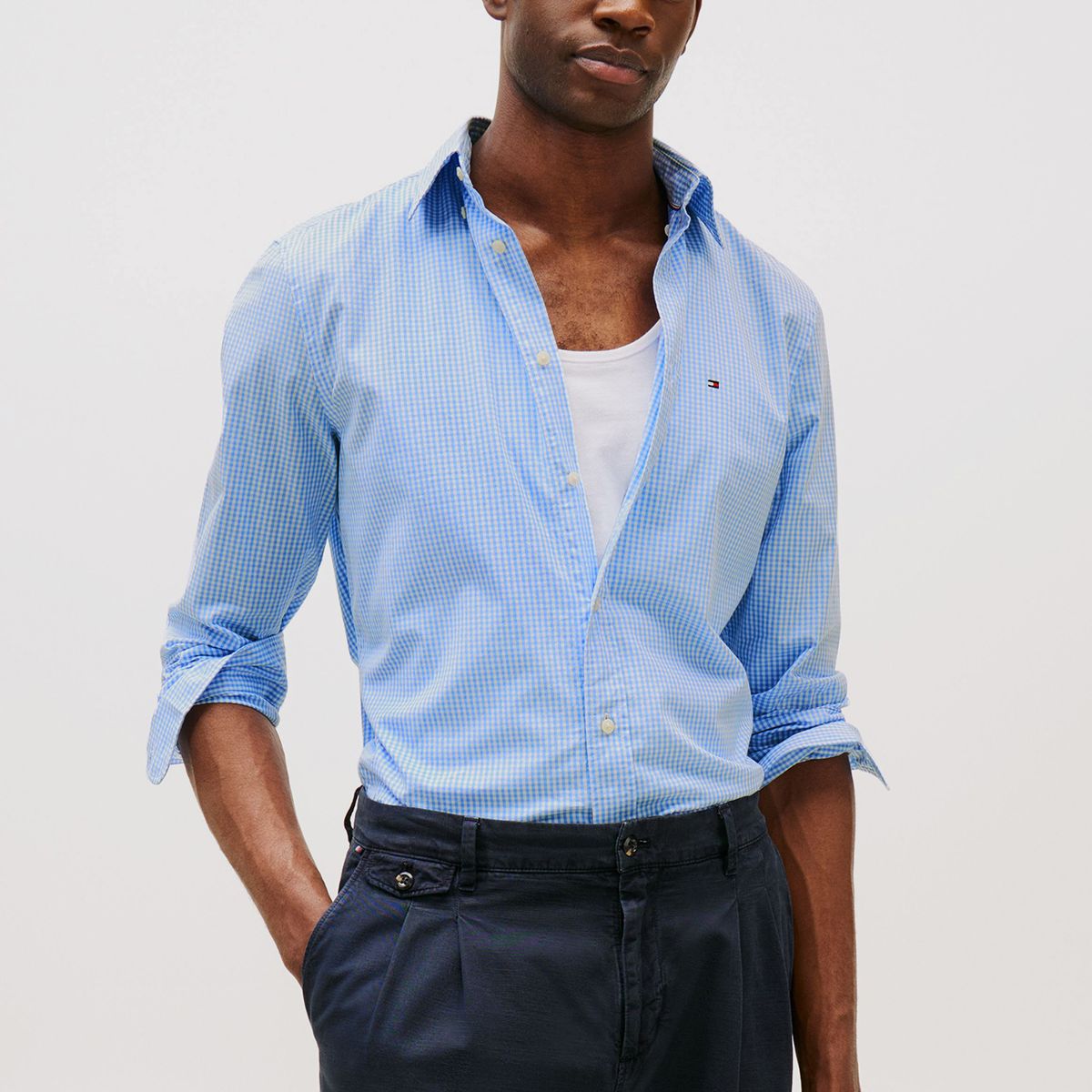 TOMMY HILFIGER - Camisa Flex Regular De Cuadros Celeste Tommy Hilfiger