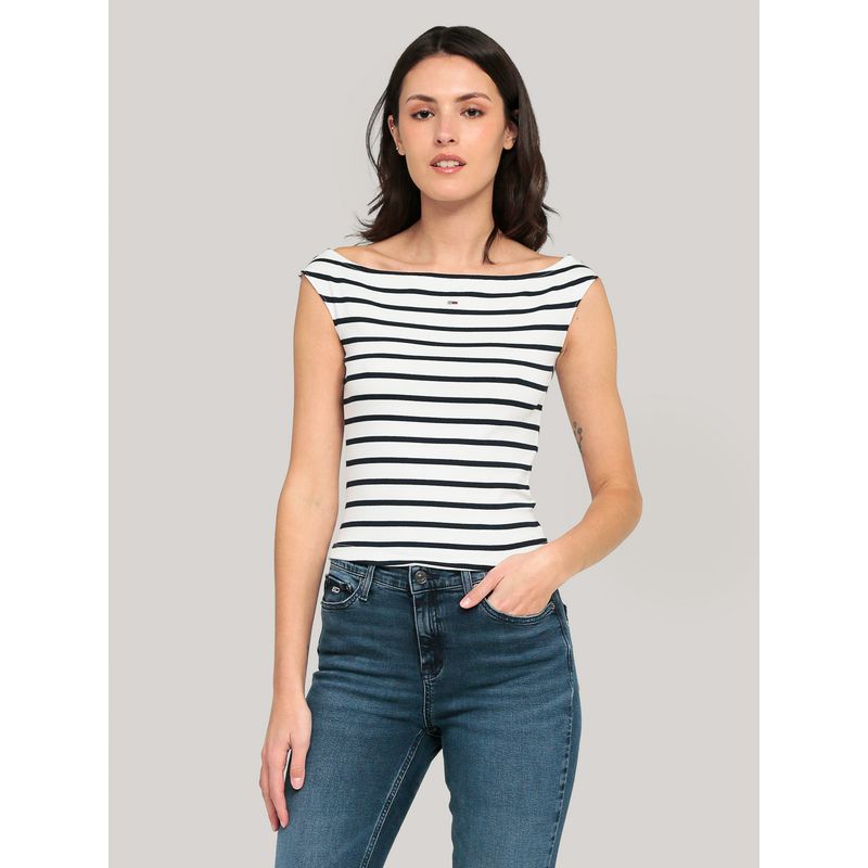 TOMMY HILFIGER - Polera Slim Fit Cuello Bote Blanco Tommy Jeans