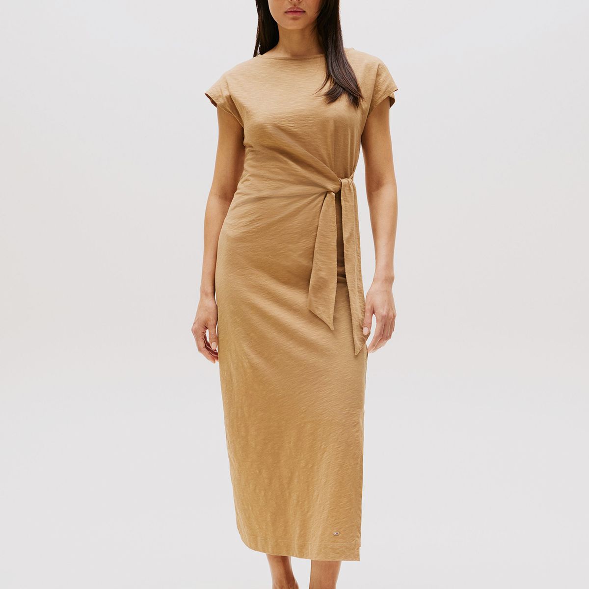 TOMMY HILFIGER - Vestido Midi Con Cuello Bote Beige Tommy Hilfiger