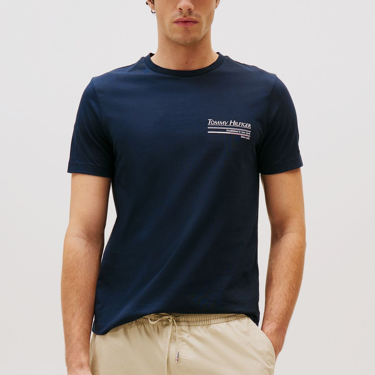 TOMMY HILFIGER - Polera De Cuello Redondo Con Logo Azul Tommy Hilfiger