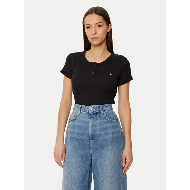 TOMMY HILFIGER - Polera De Rayas Slim Fit Negro Tommy Jeans
