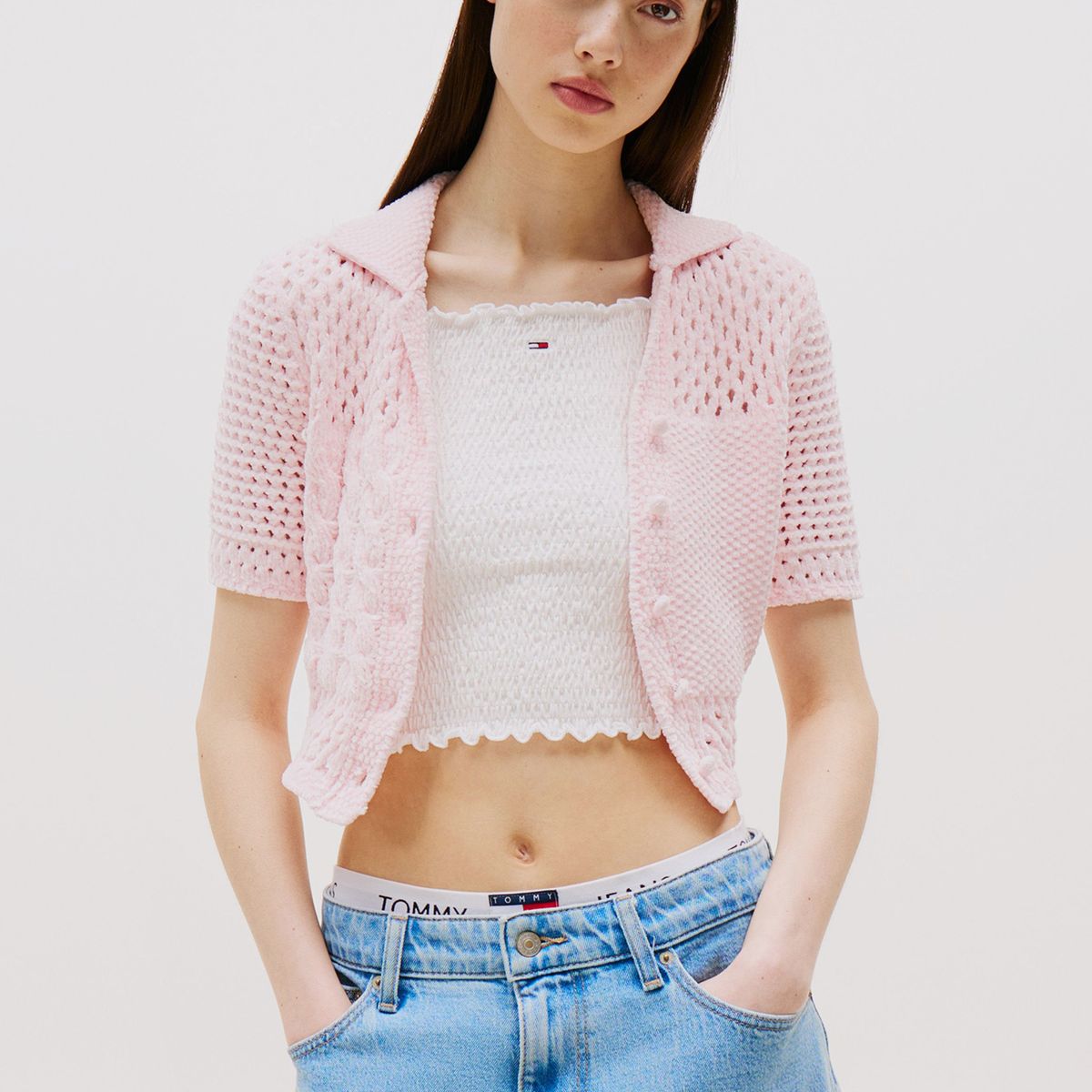 TOMMY HILFIGER - Cárdigan Polo Flag Logo Rosado Tommy Jeans