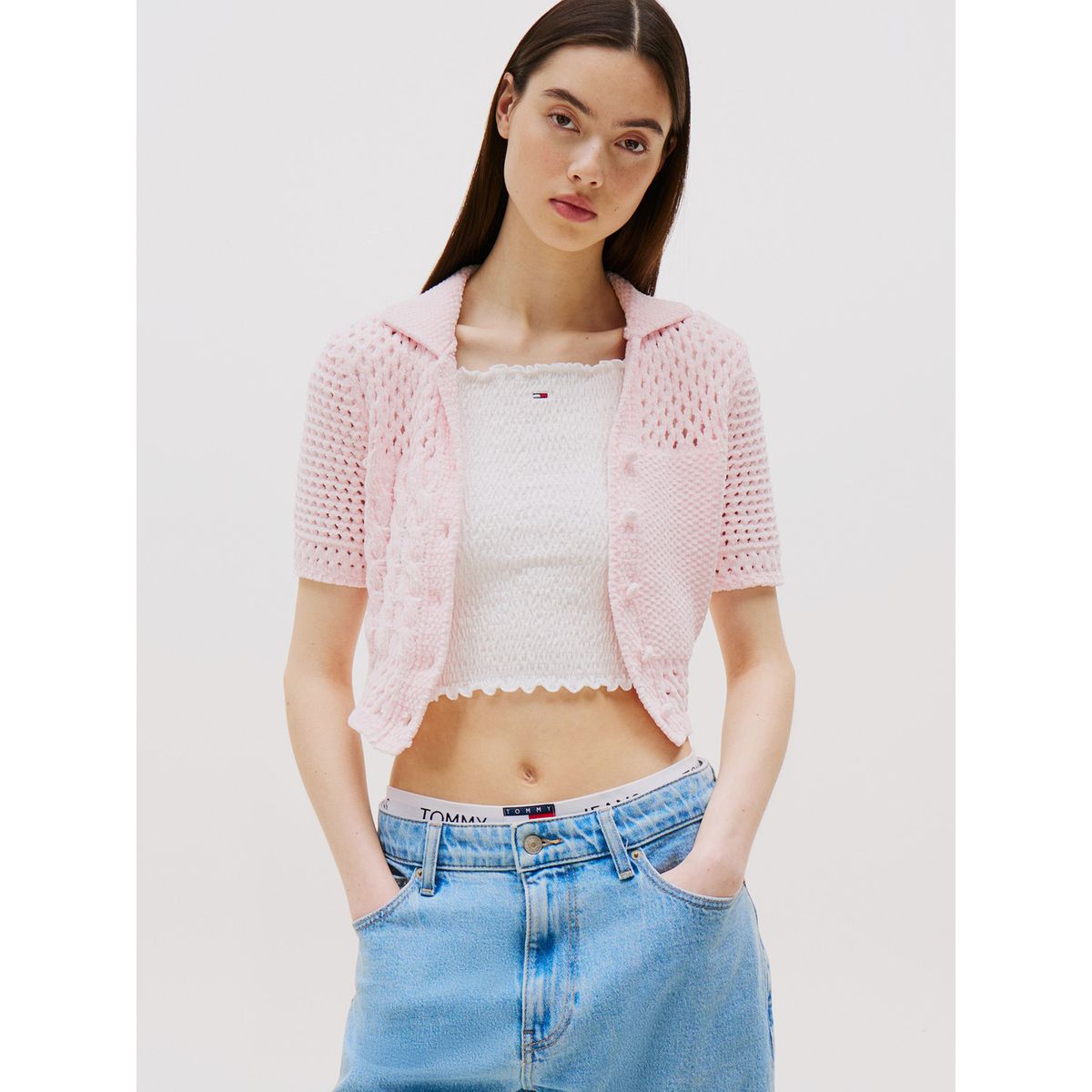 TOMMY HILFIGER - Cárdigan Polo Flag Logo Rosado Tommy Jeans