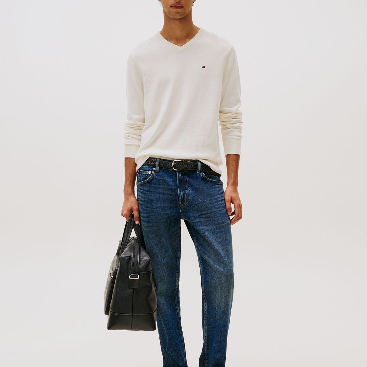 TOMMY HILFIGER - Sweater Básico Signature V-Neck Blanco Tommy Hilfiger