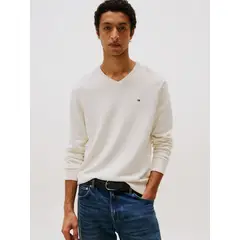 TOMMY HILFIGER - Sweater Básico Signature V-Neck Blanco