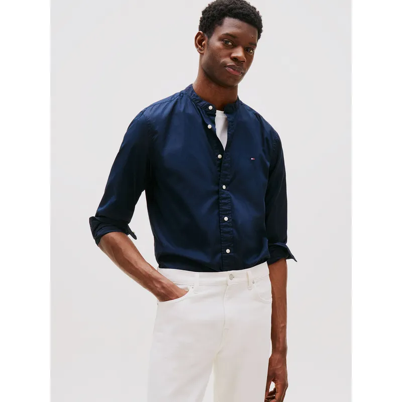 TOMMY HILFIGER - Camisa De Popelín Con Cuello Mao Azul Tommy Hilfiger