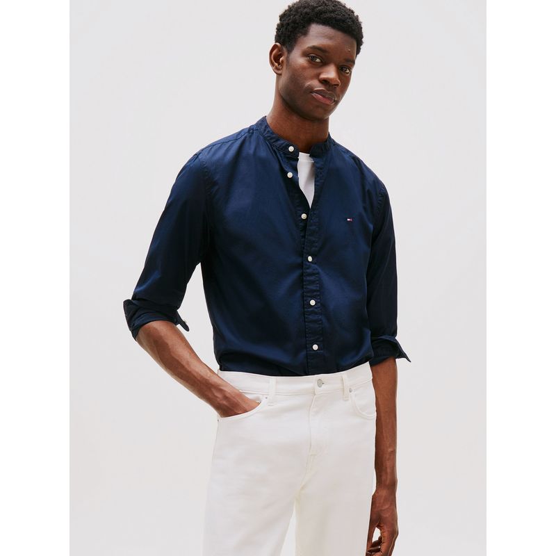 TOMMY HILFIGER - Camisa De Popelín Con Cuello Mao Azul Tommy Hilfiger