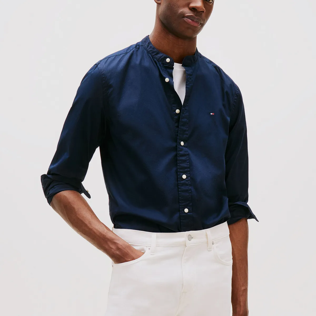 TOMMY HILFIGER - Camisa De Popelín Con Cuello Mao Azul Tommy Hilfiger