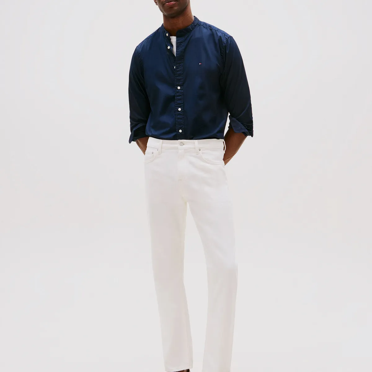 TOMMY HILFIGER - Camisa De Popelín Con Cuello Mao Azul Tommy Hilfiger
