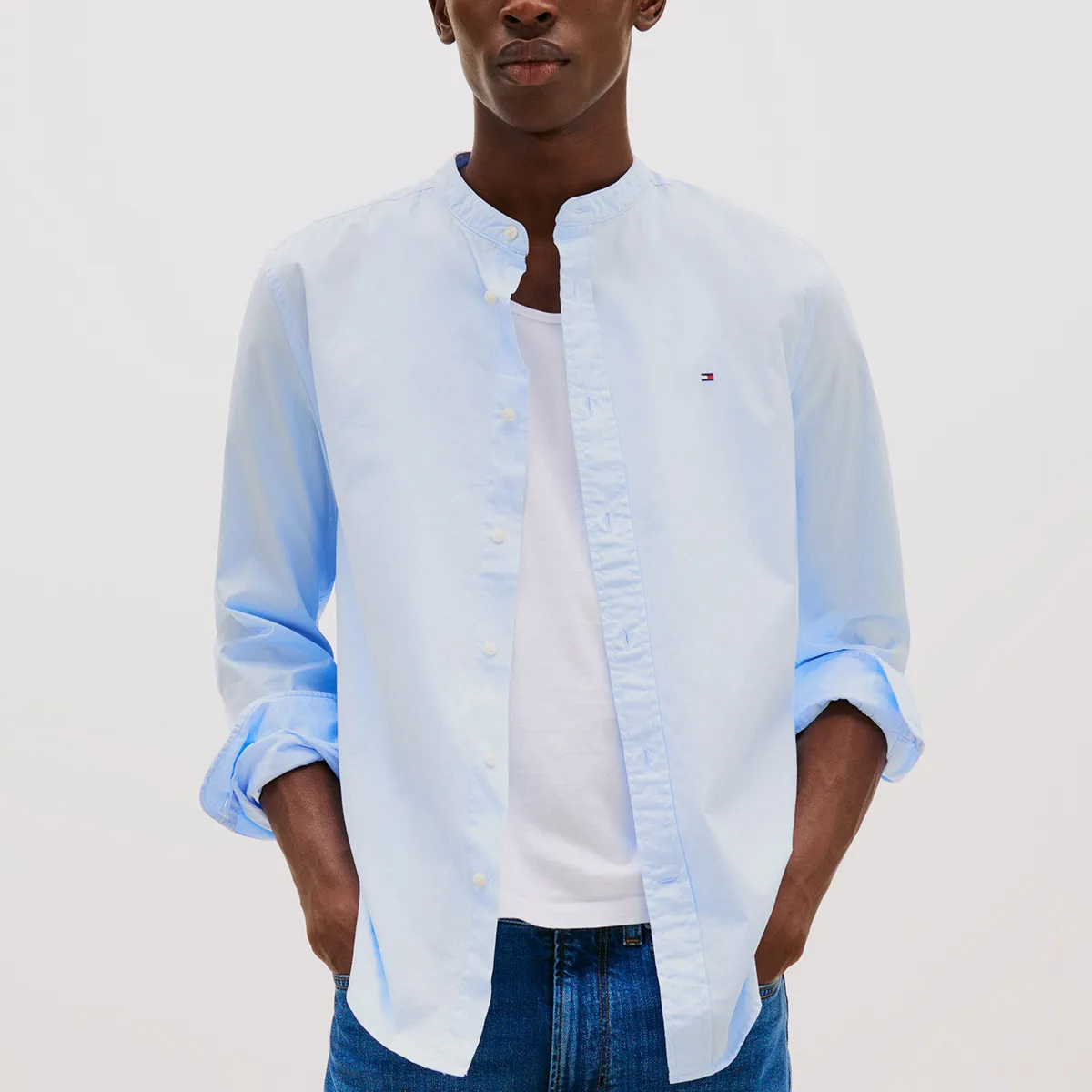 TOMMY HILFIGER - Camisa De Popelín Con Cuello Mao Celeste Tommy Hilfiger