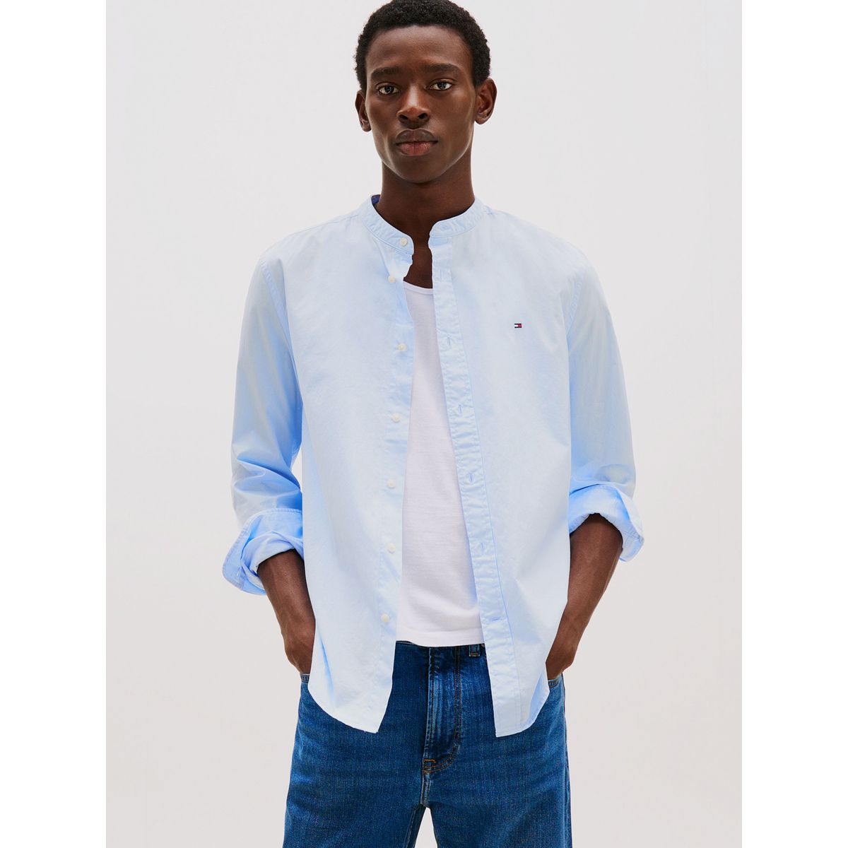 TOMMY HILFIGER - Camisa De Popelín Con Cuello Mao Celeste Tommy Hilfiger