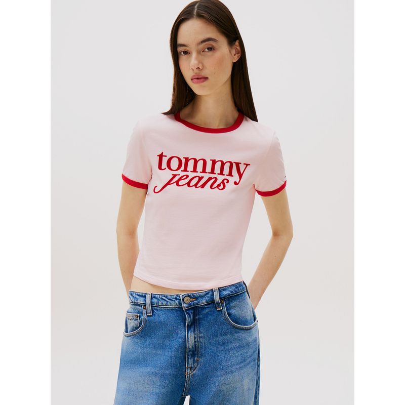 TOMMY HILFIGER - Polera Ringer Con Logo Rosado Tommy Jeans