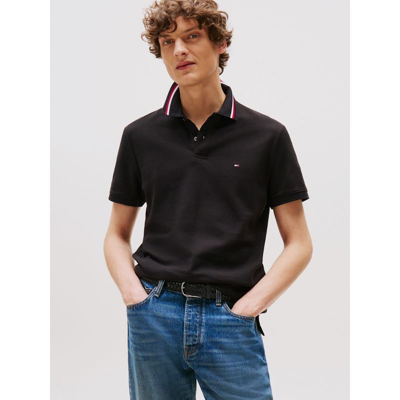TOMMY HILFIGER - Polo Signature Collar Regular Fit Negro Tommy Hilfiger