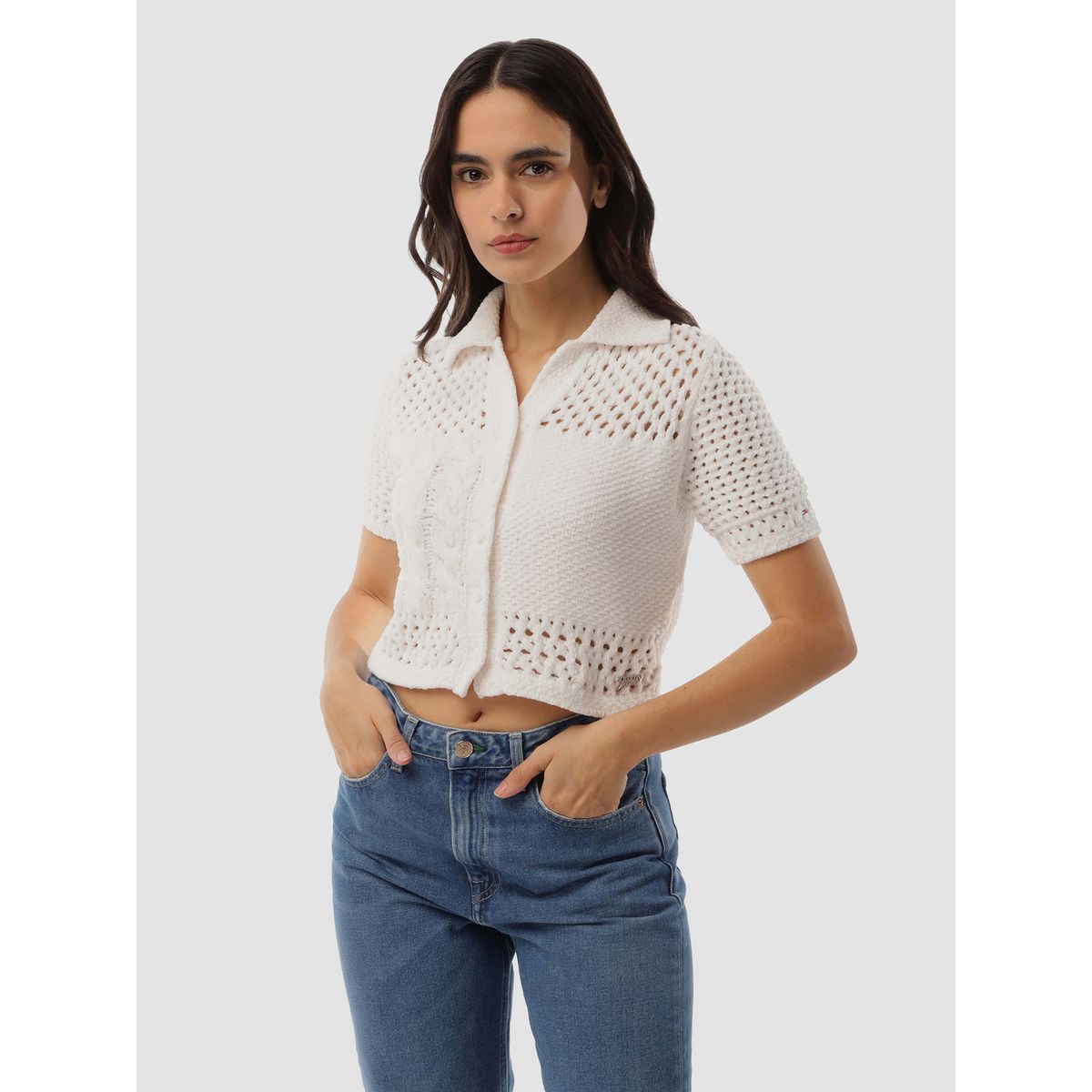 TOMMY HILFIGER - Cárdigan Polo Flag Logo Blanco Tommy Jeans