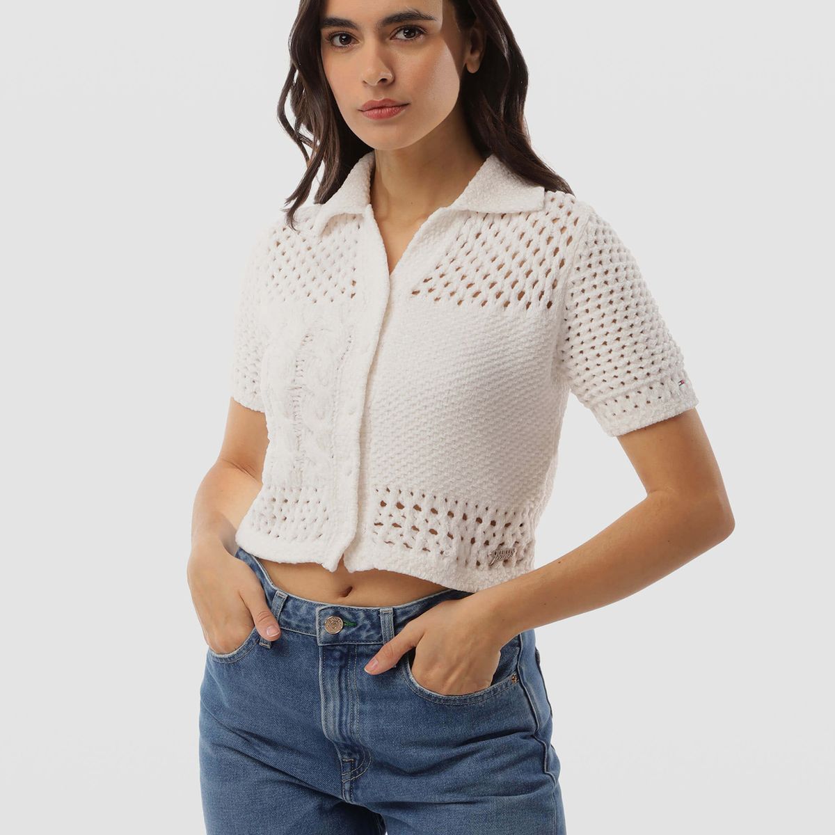 TOMMY HILFIGER - Cárdigan Polo Flag Logo Blanco Tommy Jeans