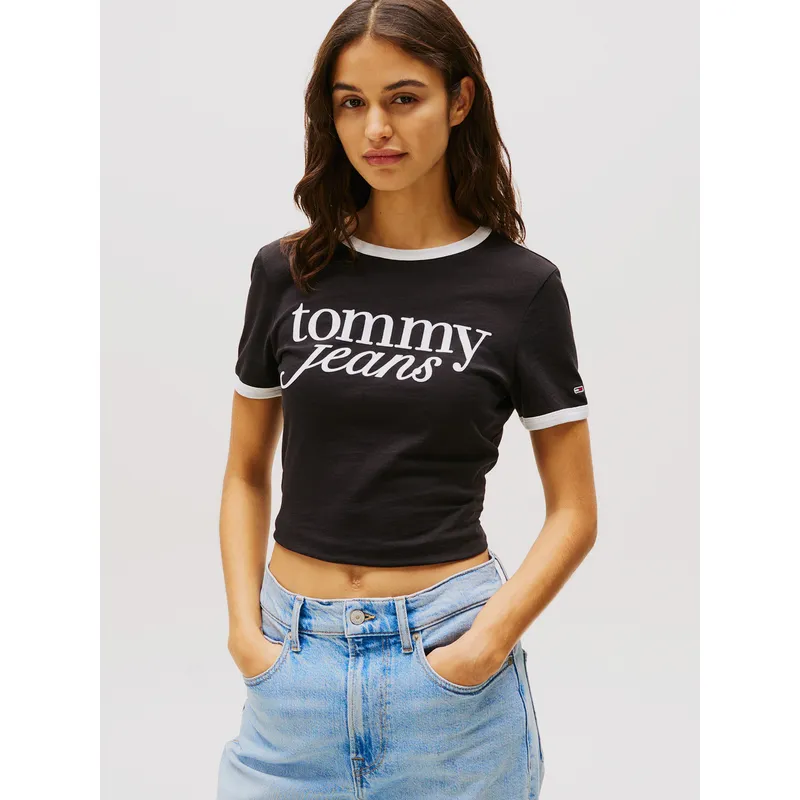TOMMY HILFIGER - Polera Ringer Con Logo Negro Tommy Jeans