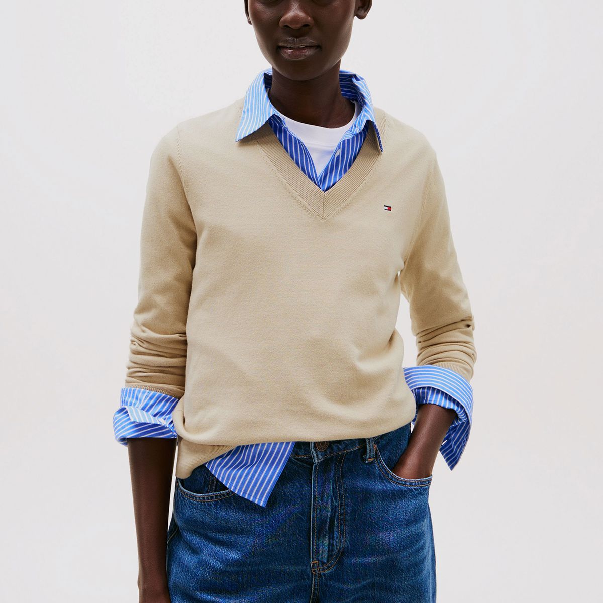 TOMMY HILFIGER - Sweater Solid V-Neck Beige Tommy Hilfiger