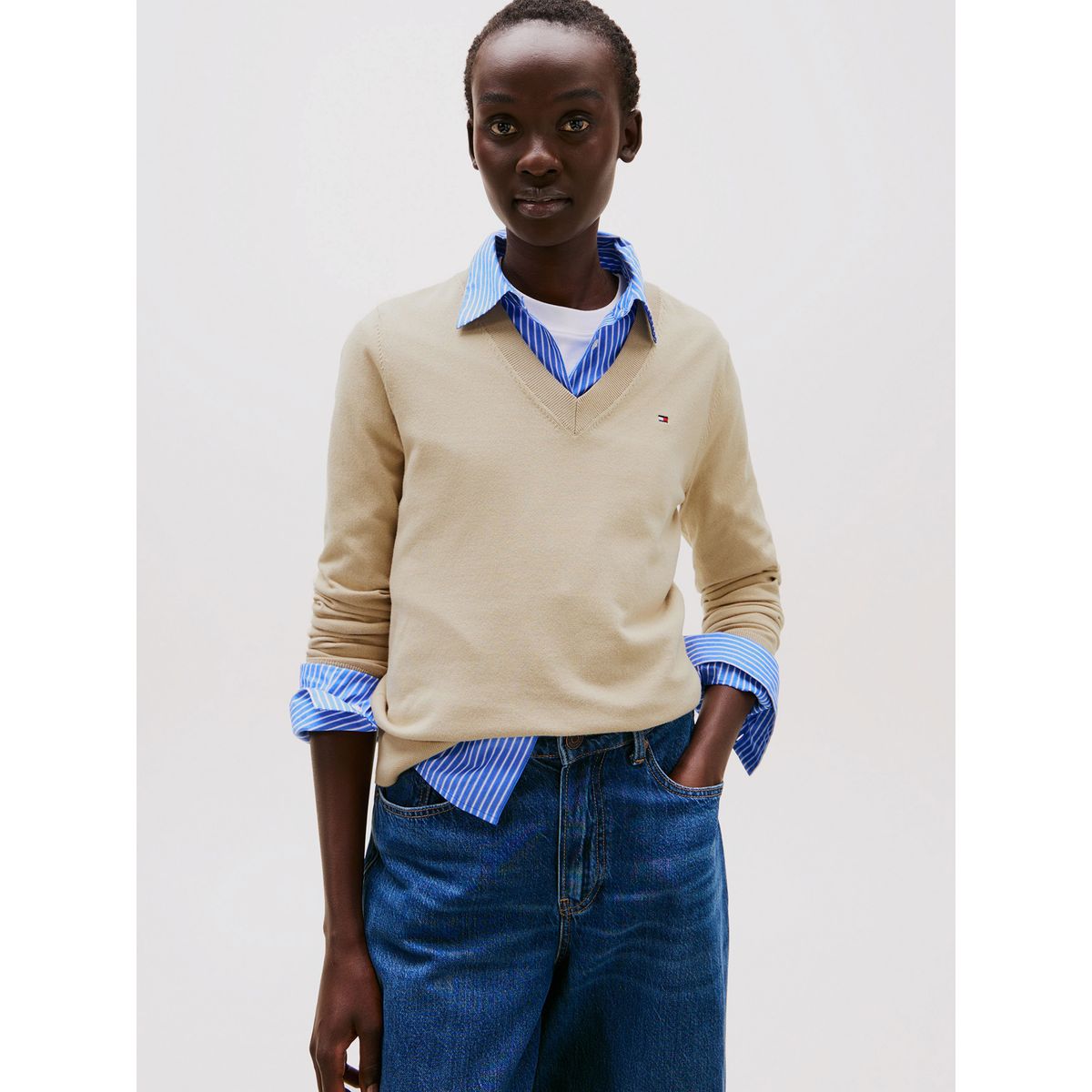 TOMMY HILFIGER - Sweater Solid V-Neck Beige Tommy Hilfiger