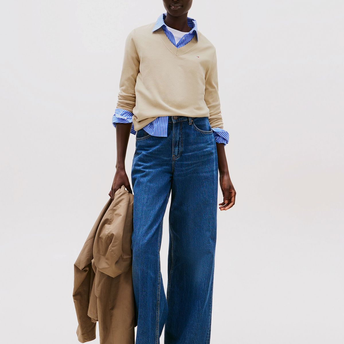 TOMMY HILFIGER - Sweater Solid V-Neck Beige Tommy Hilfiger